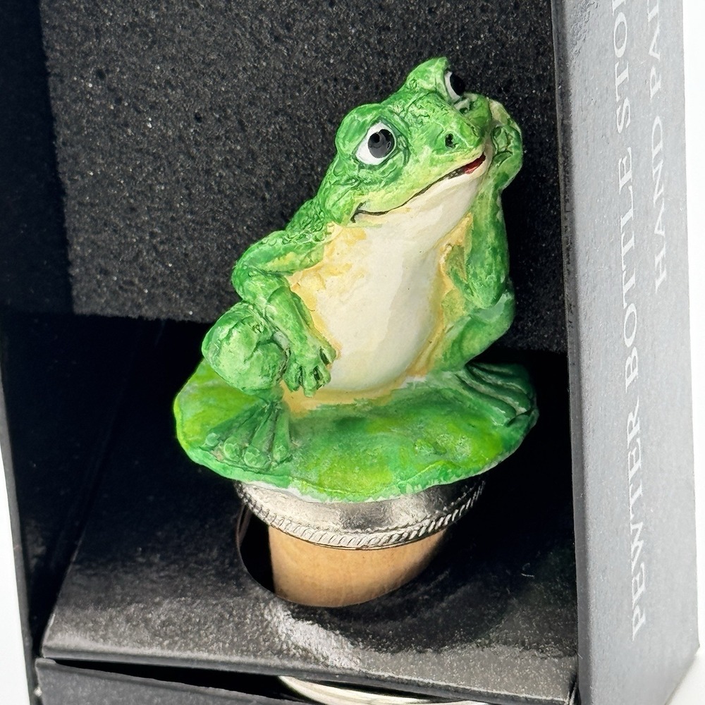 Vintage Pewter‎ Frog Wine Bottle Stopper w/ Chain NIB Hand Painted